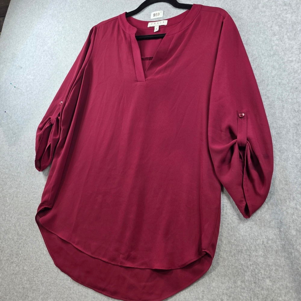 Chaus New York Womens Burgundy Split V-Neck Roll Tab Sleeve Blouse Size M - Picture 2 of 7